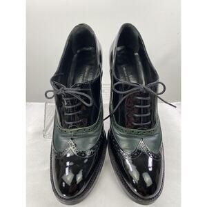 DANIELE ANCARANI Black / Green Patent & Leather Lace Up Block Heels Size 37 6.5